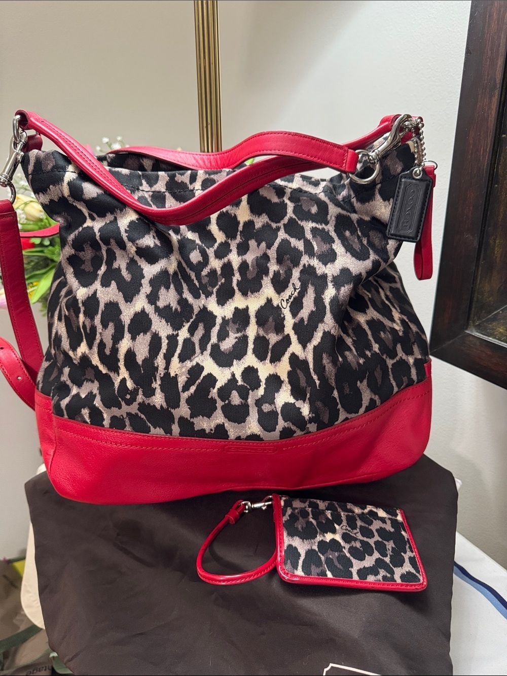 Coach Parker Leopard-Print  (Ocelot) Shoulder / Hobo Bag with Red Trim